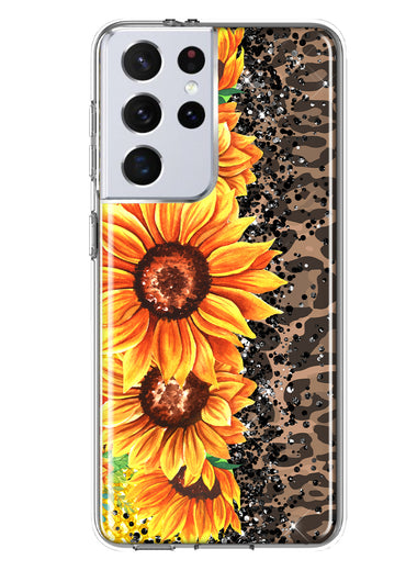 Samsung Galaxy S21 Ultra Yellow Summer Sunflowers Brown Leopard Honeycomb Hybrid Protective Phone Case Cover