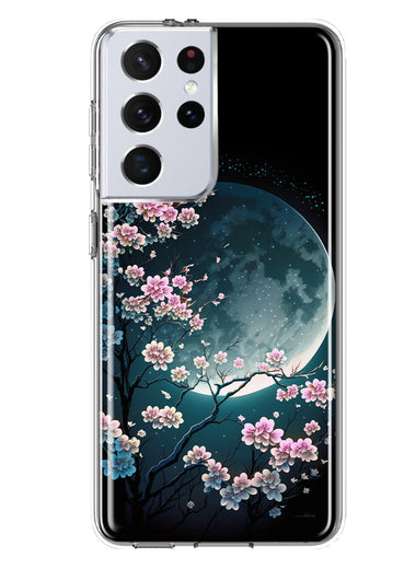Samsung Galaxy S21 Ultra Kawaii Manga Pink Cherry Blossom Full Moon Hybrid Protective Phone Case Cover