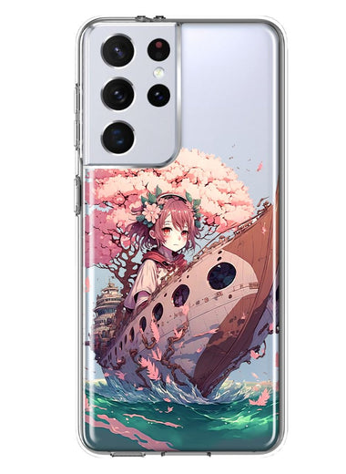 Samsung Galaxy S21 Ultra Kawaii Manga Pink Cherry Blossom Japanese Girl Boat Hybrid Protective Phone Case Cover