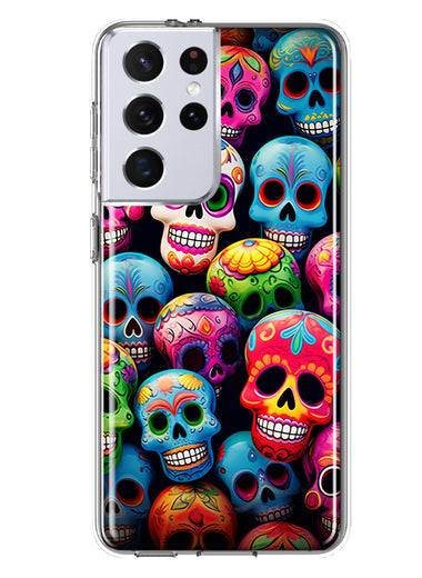 Samsung Galaxy S21 Ultra Halloween Spooky Colorful Day of the Dead Skulls Hybrid Protective Phone Case Cover