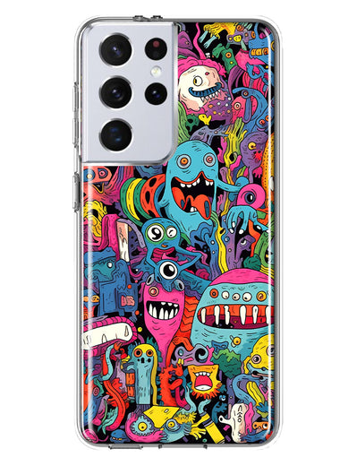 Samsung Galaxy S21 Ultra Psychedelic Trippy Happy Aliens Characters Hybrid Protective Phone Case Cover