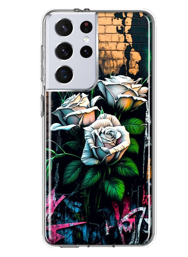 Samsung Galaxy S21 Ultra White Roses Graffiti Wall Art Painting Hybrid Protective Phone Case Cover