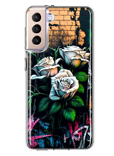 Samsung Galaxy S21 FE White Roses Graffiti Wall Art Painting Hybrid Protective Phone Case Cover