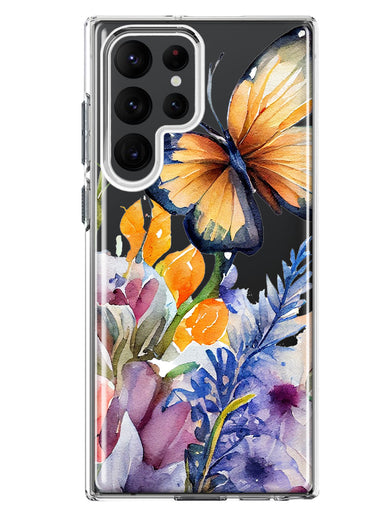 Samsung Galaxy S22 Ultra Spring Summer Flowers Butterfly Purple Blue Lilac Floral Hybrid Protective Phone Case Cover