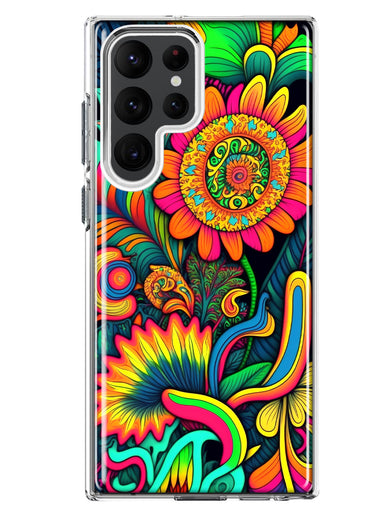 Samsung Galaxy S22 Ultra Neon Rainbow Psychedelic Indie Hippie Sunflowers Hybrid Protective Phone Case Cover