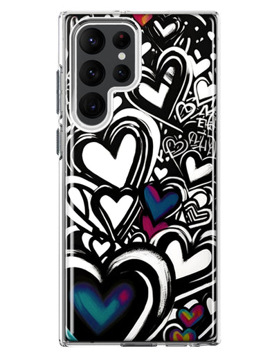 Samsung Galaxy S22 Ultra Black White Hearts Love Graffiti Hybrid Protective Phone Case Cover
