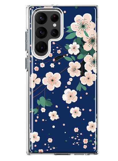 Samsung Galaxy S23 Ultra Kawaii Japanese Pink Cherry Blossom Navy Blue Hybrid Protective Phone Case Cover