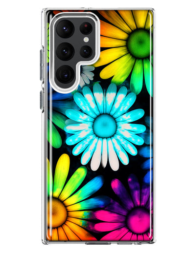 Samsung Galaxy S22 Ultra Neon Rainbow Daisy Glow Colorful Daisies Baby Blue Pink Yellow White Double Layer Phone Case Cover