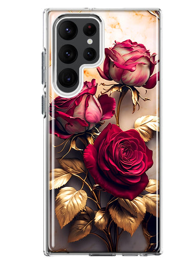 Samsung Galaxy S22 Ultra Romantic Elegant Gold Marble Red Roses Double Layer Phone Case Cover