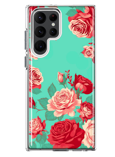 Samsung Galaxy S22 Ultra Turquoise Teal Vintage Pastel Pink Red Roses Double Layer Phone Case Cover
