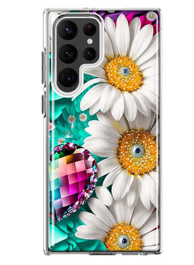 Samsung Galaxy S22 Ultra Colorful Crystal White Daisies Rainbow Gems Teal Double Layer Phone Case Cover