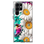 Samsung Galaxy S22 Ultra Colorful Crystal White Daisies Rainbow Gems Teal Double Layer Phone Case Cover