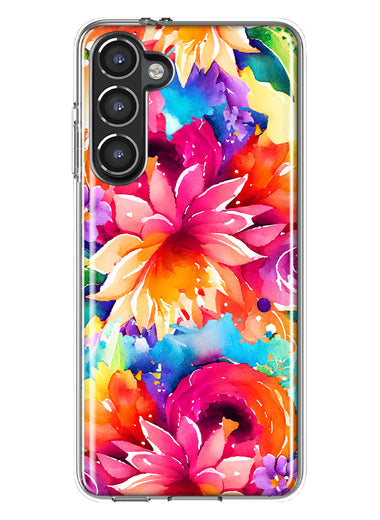 Samsung Galaxy S23 Watercolor Paint Summer Rainbow Flowers Bouquet Bloom Floral Hybrid Protective Phone Case Cover
