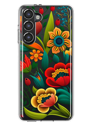 Samsung Galaxy S23 Colorful Red Orange Folk Style Floral Vibrant Spring Flowers Hybrid Protective Phone Case Cover