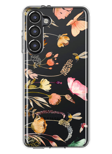 Samsung Galaxy S23 Peach Meadow Wildflowers Butterflies Bees Watercolor Floral Hybrid Protective Phone Case Cover