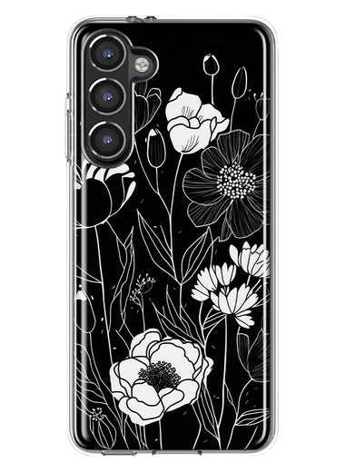 Samsung Galaxy S23 Line Drawing Art White Floral Flowers Hybrid Protective Phone Case Cover