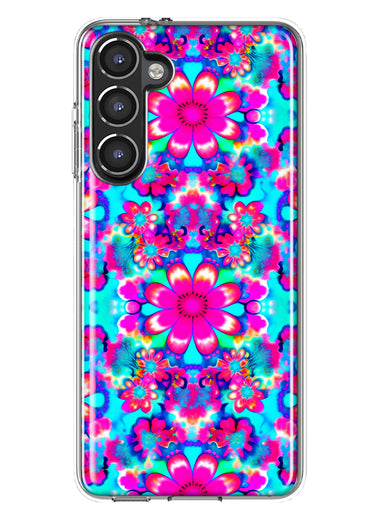 Samsung Galaxy S23 Pink Blue Vintage Hippie Tie Dye Flowers Hybrid Protective Phone Case Cover