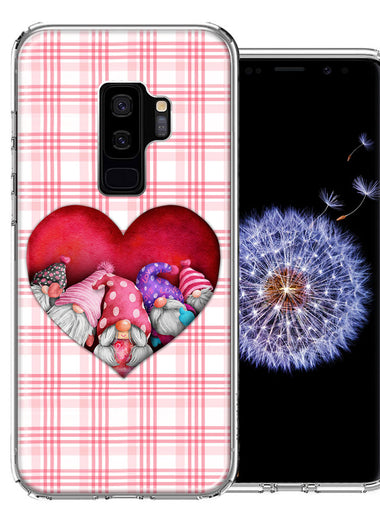 Samsung Galaxy S9 Plus Valentine's Day Garden Gnomes Heart Love Pink Plaid Double Layer Phone Case Cover