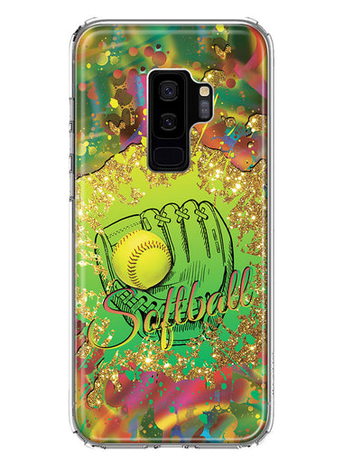 Samsung Galaxy S9 Plus Love Softball Girls Glove Green Tie Dye Swirl Paint Hybrid Protective Phone Case Cover