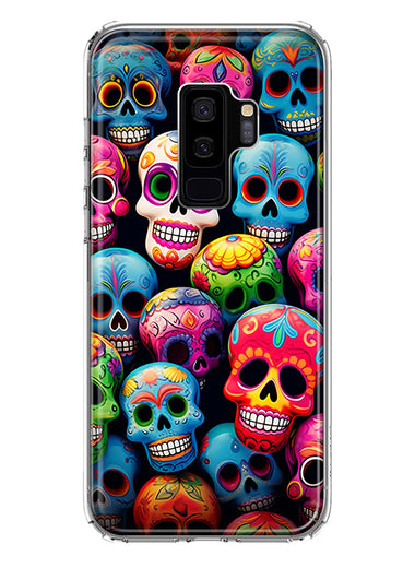 Samsung Galaxy S9 Plus Halloween Spooky Colorful Day of the Dead Skulls Hybrid Protective Phone Case Cover