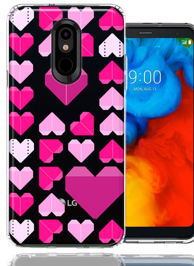 LG Stylo 4 Pink Purple Origami Valentine's Day Polkadot Hearts Design Double Layer Phone Case Cover
