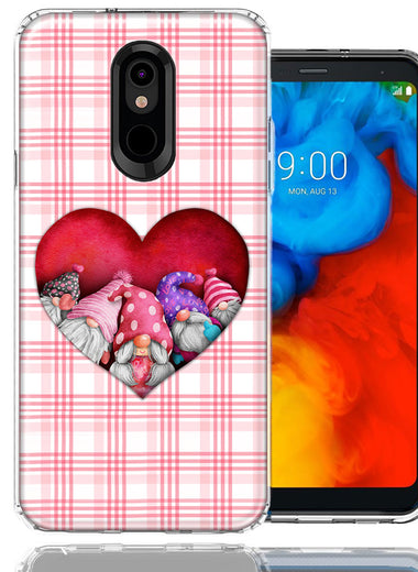 LG Aristo 2/3/K8 Valentine's Day Garden Gnomes Heart Love Pink Plaid Double Layer Phone Case Cover
