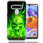 LG Stylo 6 Green Flaming Skull Design Double Layer Phone Case Cover