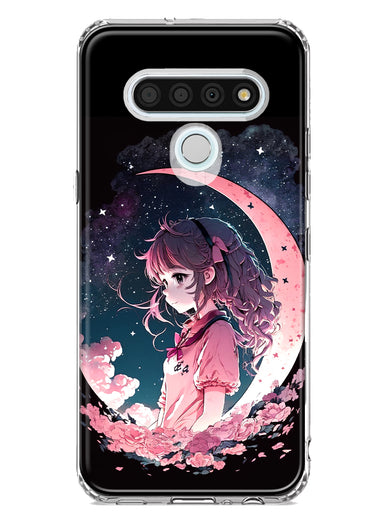 LG Stylo 6 Kawaii Manga Pink Cherry Blossom Dreaming Moon Girl Hybrid Protective Phone Case Cover
