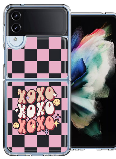 Samsung Galaxy Z Flip 4 Retro Pink Checkered XOXO Vintage 70s Style Hippie Valentine Love Double Layer Phone Case Cover