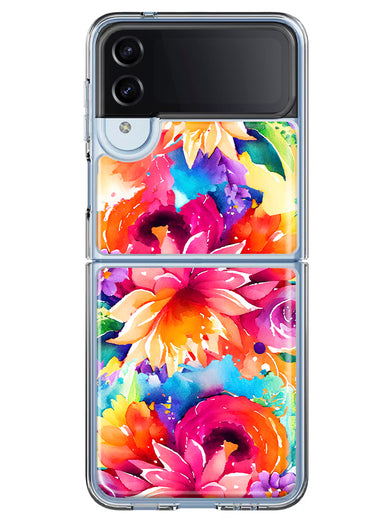 Samsung Galaxy Z Flip 4 Watercolor Paint Summer Rainbow Flowers Bouquet Bloom Floral Hybrid Protective Phone Case Cover