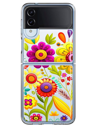 Samsung Galaxy Z Flip 4 Colorful Yellow Pink Folk Style Floral Vibrant Spring Flowers Hybrid Protective Phone Case Cover