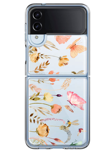Samsung Galaxy Z Flip 4 Peach Meadow Wildflowers Butterflies Bees Watercolor Floral Hybrid Protective Phone Case Cover