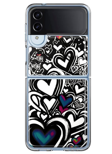 Samsung Galaxy Z Flip 4 Black White Hearts Love Graffiti Hybrid Protective Phone Case Cover