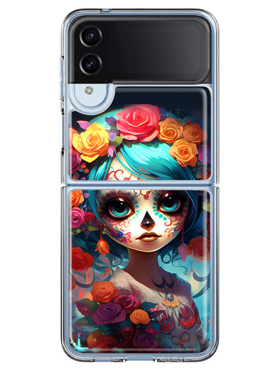 Samsung Galaxy Z Flip 4 Halloween Spooky Colorful Day of the Dead Skull Girl Hybrid Protective Phone Case Cover