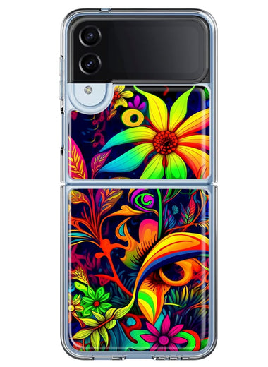 Samsung Galaxy Z Flip 4 Neon Rainbow Psychedelic Trippy Hippie Daisy Flowers Hybrid Protective Phone Case Cover