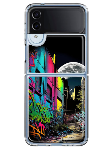 Samsung Galaxy Z Flip 4 Urban City Full Moon Graffiti Painting Art Hybrid Protective Phone Case Cover