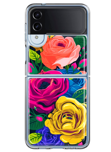 Samsung Galaxy Z Flip 4 Vintage Pastel Abstract Colorful Pink Yellow Blue Roses Double Layer Phone Case Cover