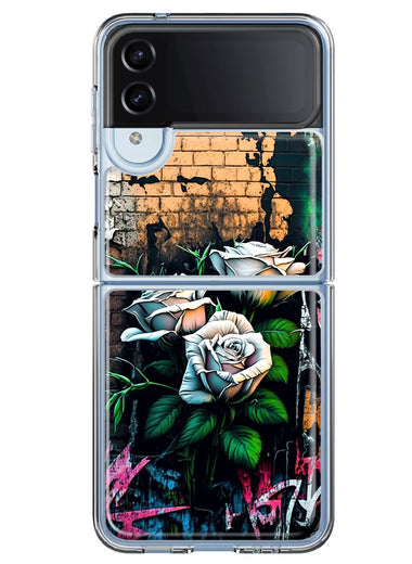 Samsung Galaxy Z Flip 4 White Roses Graffiti Wall Art Painting Hybrid Protective Phone Case Cover