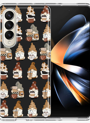 Samsung Galaxy Z Fold 4 Cute Morning Coffee Lovers Gnomes Characters Drip Iced Latte Americano Espresso Brown Double Layer Phone Case Cover