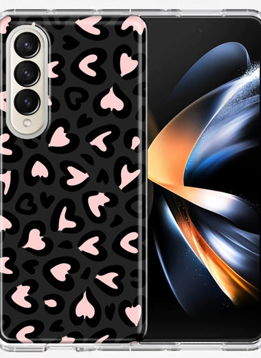 Samsung Galaxy Z Fold 4 Cute Pink Leopard Print Hearts Valentines Day Love Double Layer Phone Case Cover