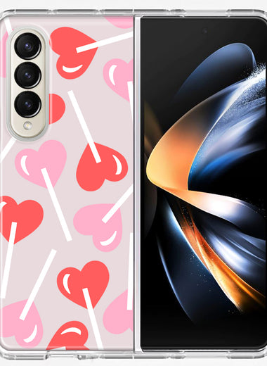 Samsung Galaxy Z Fold 4 Heart Suckers Lollipop Valentines Day Candy Lovers Double Layer Phone Case Cover