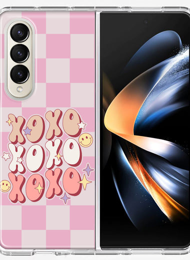 Samsung Galaxy Z Fold 4 Retro Pink Checkered XOXO Vintage 70s Style Hippie Valentine Love Double Layer Phone Case Cover