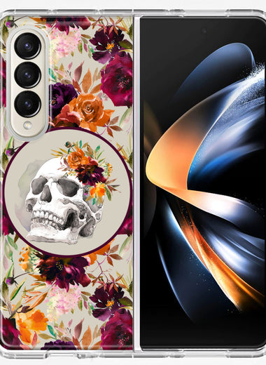 Samsung Galaxy Z Fold 4 Romance Is Dead Valentines Day Halloween Skull Floral Autumn Flowers Double Layer Phone Case Cover