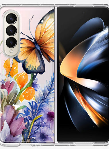 Samsung Galaxy Z Fold 4 Spring Summer Flowers Butterfly Purple Blue Lilac Floral Hybrid Protective Phone Case Cover