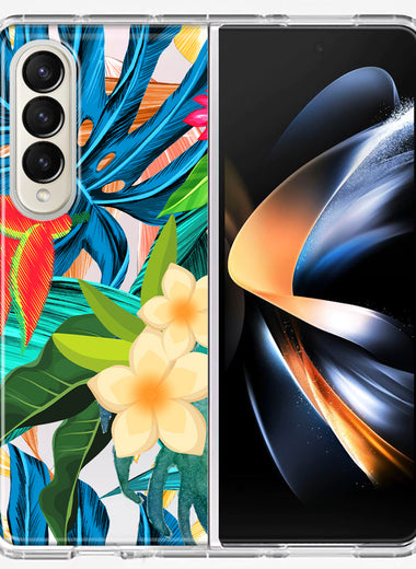 Samsung Galaxy Z Fold 4 Blue Monstera Pothos Tropical Floral Summer Flowers Hybrid Protective Phone Case Cover