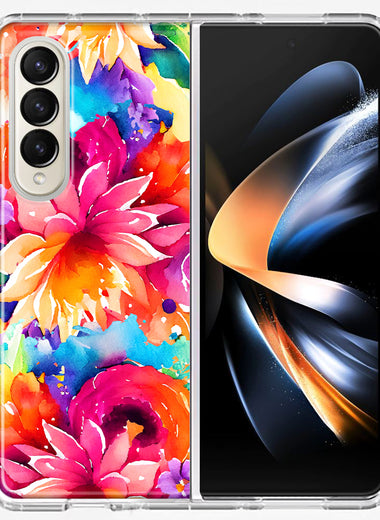 Samsung Galaxy Z Fold 4 Watercolor Paint Summer Rainbow Flowers Bouquet Bloom Floral Hybrid Protective Phone Case Cover