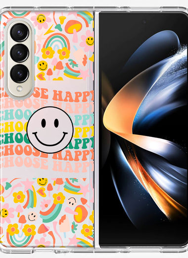 Samsung Galaxy Z Fold 4 Choose Happy Smiley Face Retro Vintage Groovy 70s Style Hybrid Protective Phone Case Cover