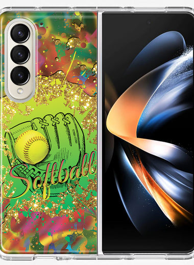 Samsung Galaxy Z Fold 4 Love Softball Girls Glove Green Tie Dye Swirl Paint Hybrid Protective Phone Case Cover