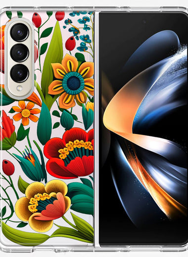 Samsung Galaxy Z Fold 4 Colorful Red Orange Folk Style Floral Vibrant Spring Flowers Hybrid Protective Phone Case Cover