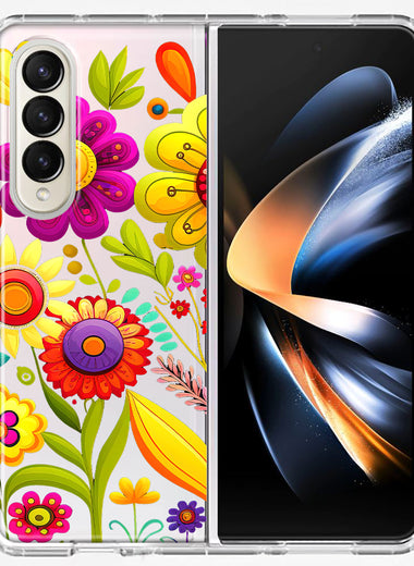 Samsung Galaxy Z Fold 4 Colorful Yellow Pink Folk Style Floral Vibrant Spring Flowers Hybrid Protective Phone Case Cover
